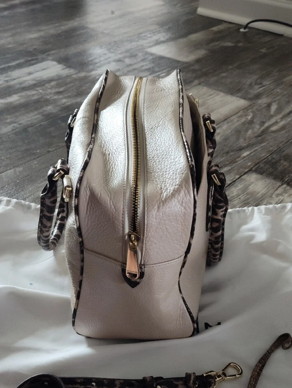 Brahmin Cream Leather Satchel with Leopard Trim and Gold Hardware